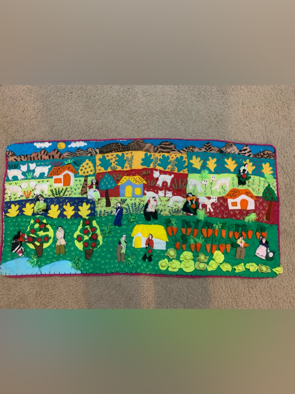 Large 36” X 18”Vintage Folk Art Tapestry Wall Hanging Farm Harvest Peru Handmade